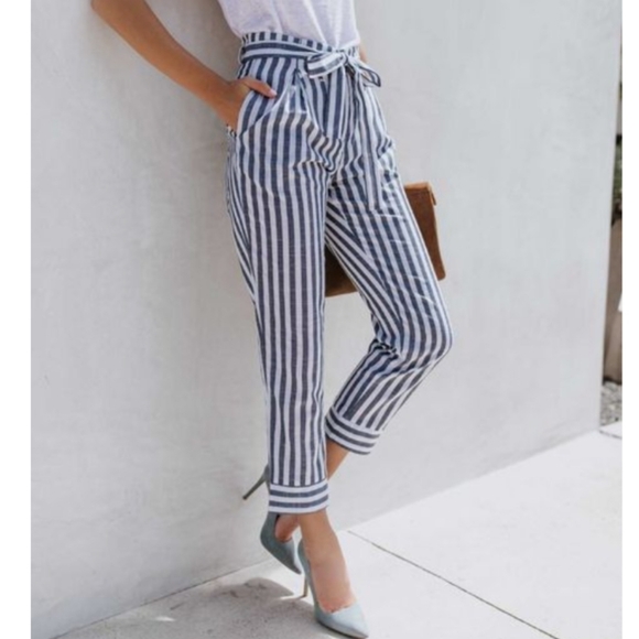 🆕 Zara Stripped Pants. Elastic Waist. Sash Belt - Hand Pockets - Picture 2 of 12